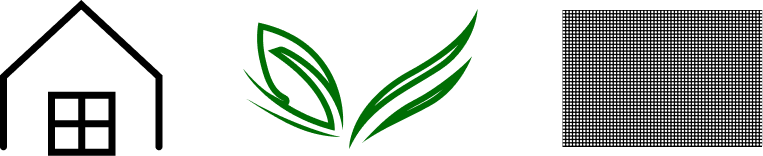 FlyScreen logo elements — roof, window, plant, and insect screen
